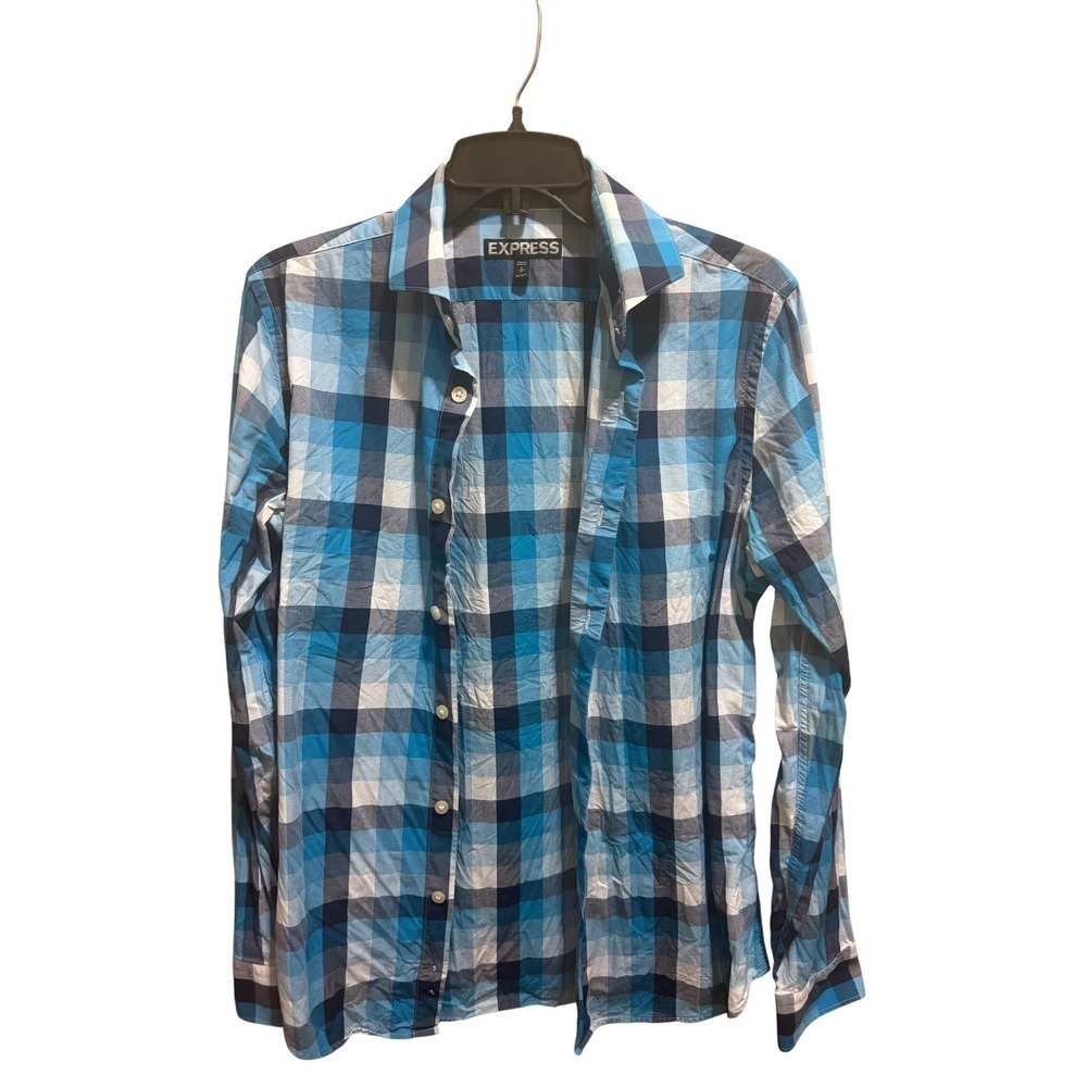 Express Men's Blue Plaid Long Sleeve Button Down Shirt Size Large